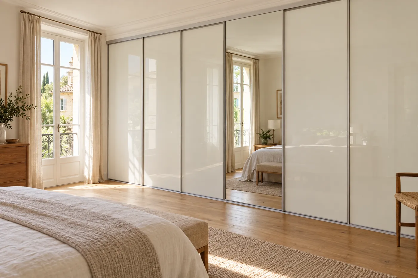 Façades de dressing coulissantes en verre laqué blanc dans une chambre de villa au Vésinet