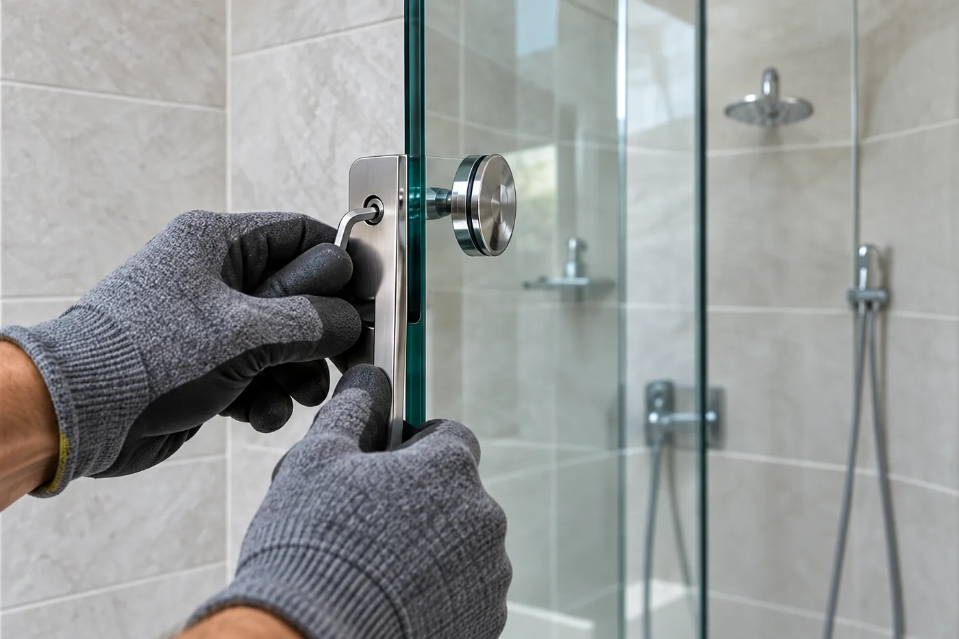 Verrier ganté réglant la charnière inox d'une paroi de douche en verre trempé