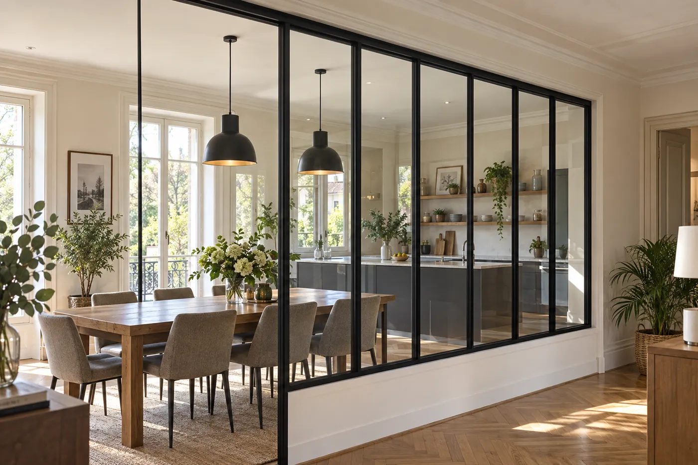 Verrière d'atelier à ossature acier noire séparant la cuisine et la salle à manger d'une villa du Vésinet